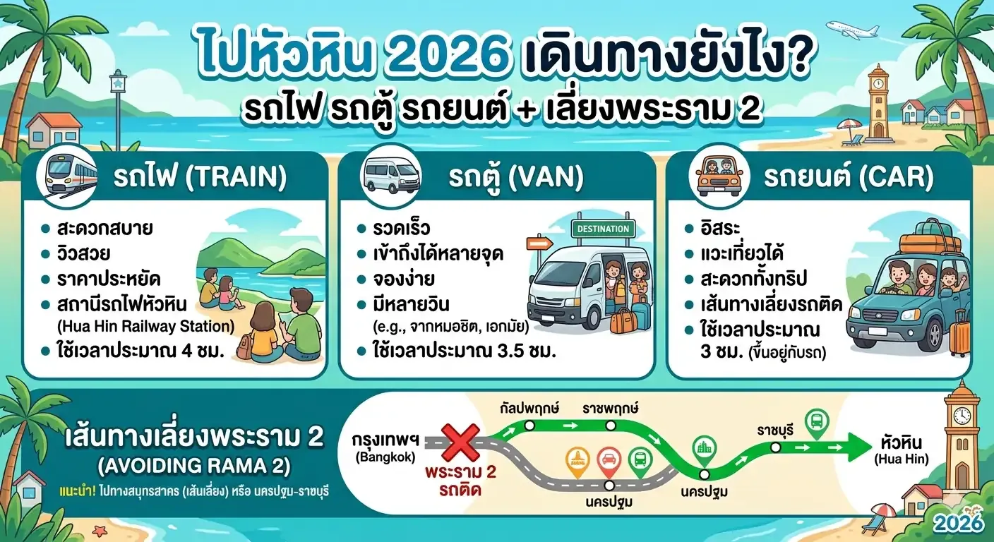 ไปหัวหิน 2026 เดินทางยังไง? รถไฟ รถตู้ รถยนต์ เลี่ยงพระราม 2